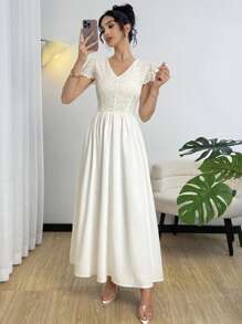 Modelyn Vestido elegante de unicolor con parches de encaje, estilo francés, para fiesta de verano - Blanco - Ver 5