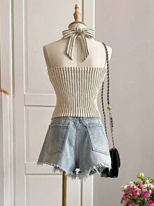 Cévolie 女式夏季无袖露背条纹短款上衣，街头风格