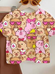 SHEIN Bộ trang phục thường ngày họa tiết Capybara + trái tim tráng miệng màu hồng & nâu, áo phông cổ tròn tay ngắn cho bé gái và quần ống loe, phù hợp cho mùa xuân/hè - Nhiều màu - Xem 3