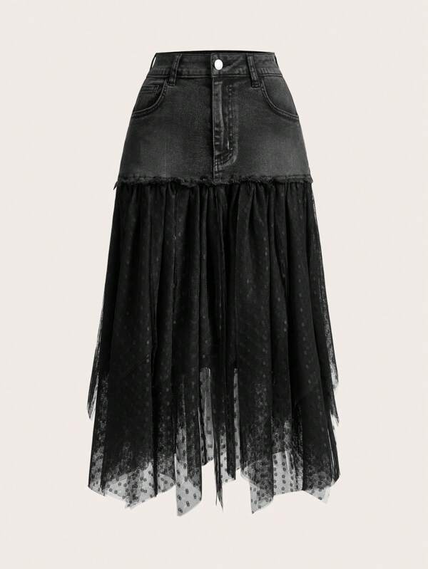 SHEIN MOD Falda mini de mezclilla y encaje con parches de malla, falda mini de jeans de verano casual, falda de mezclilla de talla baja, falda de jeans negros