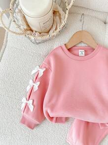 SHEIN LMoss Kids Babygirl Bowknot Decor Pink Long Sleeve Sweatshirt & Elastic Waist Pants 2 Pieces Set, Autumn/Winter Baby Girl Sweat Set Baby Girl Long Sleeve Set Pink Baby Girl Outfit Baby Girl Casual Set Baby Girl Clothes Fall