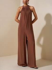Zivah Beach New Spring And Summer Leisure Vacation Daily Commuting Halter Neck Round Neck Sleeveless Ultra-Loose Wide-Leg Plus Jumpsuit - Brown - View 5