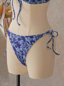 SHEIN Swim Bộ đồ bơi 2 món/bộ áo crop top cổ yếm in họa tiết ngẫu nhiên mùa hè cho nữ và quần short buộc dây bên hông, trang phục đi nghỉ ở bãi biển - Nhiều màu - Xem 3