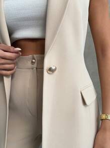 EURMUSE 女士纯色两件套服装 Coords 无袖背心西装外套金色纽扣细节和直筒常规版型裤子办公室商务时尚女士上班装 - 米色 - 查看 5