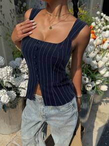 Siren Gaze Camisola casual de verano con botones frontales a rayas - Azul Marino - Ver 5