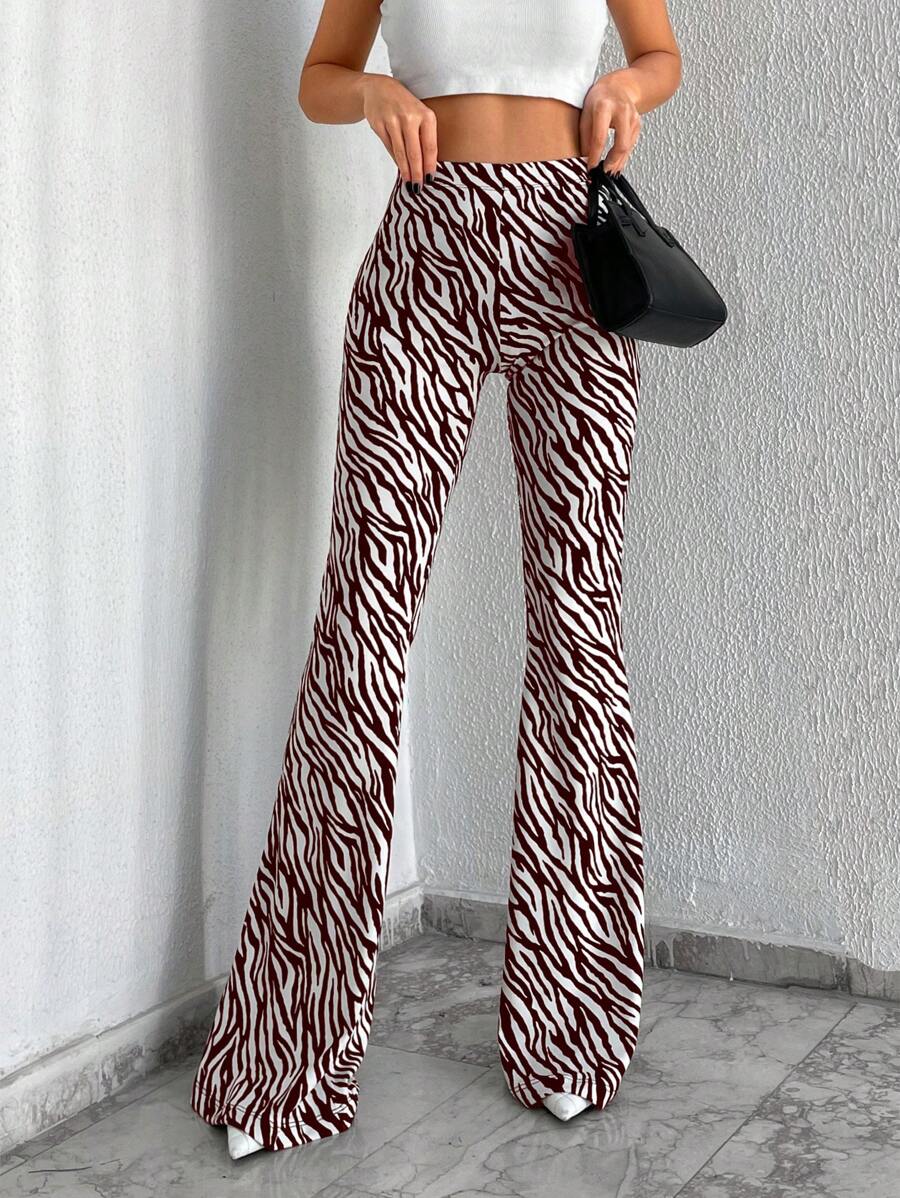 EURMUSE Women's Casual High Waist Flare Printed Pants - Brown - View 1