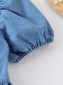 SHEIN Vestido casual de niña con mangas de farol, decorado con moño y lavado en azul denim, adecuado para primavera y verano, uso diario, actividades al aire libre, fiestas escolares y ocasiones