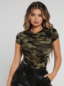 SHEIN SXY Summer Camo Print Tight Short Sleeve Women's Casual T-Shirt