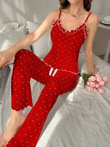 Polka Dot Print Spaghetti Strap Jumpsuit Pajama Set With Ruffle Hem - Red - View 5