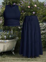 SHEIN EZwear 2pcs/Set Plus Size Women Sleeveless Tank Top And Maxi Skirt, Navy Blue, Blue Skirt Set, Women Skirt And Top Set, Summer Skirt And Top Set, Tiered Skirt Set,Back To School