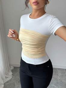 Elenzga Pleated Patchwork Short Sleeve Round Neck Casual Home & Outdoor Elegant Women T-Shirt - White - View 6