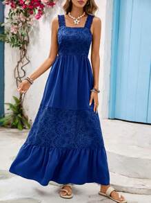 Vivid Eden 女式夏季度假休闲刺绣贴布宽肩带荷叶边下摆长裙，女士沙滩装，度假装，女士夏季服装，波西米亚风女装，蓝色长裙，蓝色太阳裙，度假连衣裙，约会连衣裙，可爱连衣裙，外出连衣裙，女士蓝色长裙，长款休闲连衣裙，刺绣长裙，蓝色刺绣长裙，长款蓝色度假连衣裙，女士夏季连衣裙 - 藍色 - 查看 3