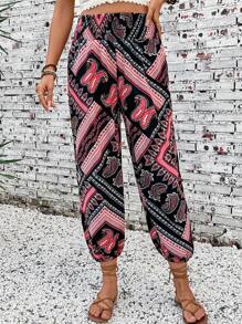 SHEIN Tall Pantalon de harem plissé à la taille à imprimé rétro pour femmes (imprimé rétro aléatoire) - Multicolore - Voir 7