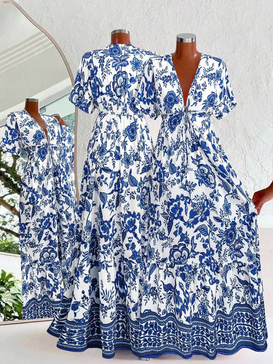 Flirla Vestido acampanado con escote en V fruncido, estampado floral y manga con volantes, para mujer de talla grande. Diseño romántico con estampa de porcelana, adecuado para vacaciones, uso casual, escuela, todas las estaciones.