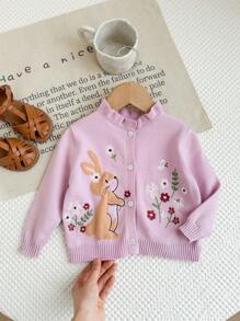 SHEIN LMoss Kids LMoss 可爱卡通印花长袖开衫，适合女婴，秋冬 - 粉色 - 查看 1