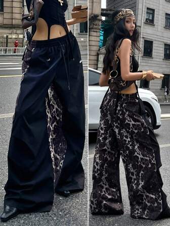 Coolane 女式拼接豹纹抽绳腰口袋宽腿宽松休闲裤