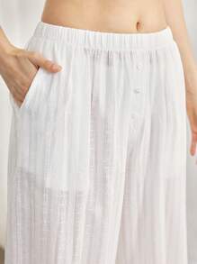 Ocili 女士休闲 100% 纯棉条纹宽松休闲睡裤家居服，秋季 - 白色 - 查看 4