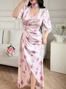 Modelyn Romantic Lace Sleeve Waist-Cinched Dress For Women - Pink - View 7