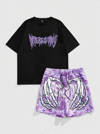 Street Life Summer Casual Letter Print T-Shirt And Skull Handprint Shorts Set