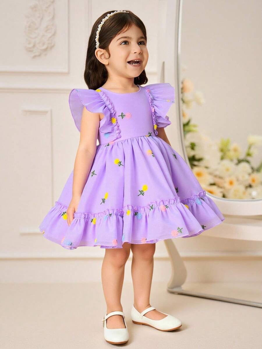 SHEIN Glamorique Kids 四季幼儿女童刺绣装饰公主裙，盖袖修身腰部派对连衣裙 - 紫色 - 查看 1