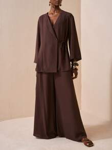 Veslaya Set di tuta casual da donna oversize, composto da top a maniche lunghe con laccio e pantaloni larghi, colore tinta unita, adatto per l'autunno e l'inverno 2025. Set di pantaloni e giacca marrone con pantaloni a gamba ampia.