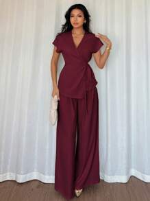 Elenzga Women's Summer Vacation Date Elegant Wrap Batwing Short Sleeve Blouse & Wide Leg Palazzo Pants 2 Pieces Set, Woven Apricot Two Pieces Set Women Elegant Pant Suit Summer Sets Elegant Two Pieces Set Women Two Pieces Pant Set Two Pieces Wide Leg Pants Set - Red Violet - View 3