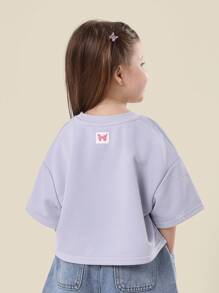 SUMWON Delicate Bow Embroidered Crop T-Shirt Girls Oversized Casual Short Sleeve Summer Spring Weekend Holiday Playtime Tee