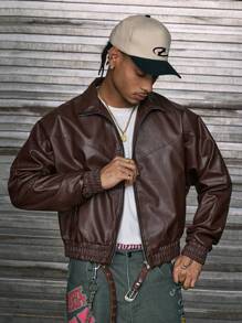AXEPEAK Áo khoác nam trơn có khóa kéo bằng da PU cổ đứng tay dài thời trang đi chơi, quà tặng cho bạn bè, chồng, bạn trai, cho mùa thu đông - màu nâu - Xem 4