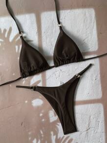 Swim Vcay Women 2pcs/Set Casual Vacation Solid Halter Neck Tie Bikini Top And Bottoms For Summer