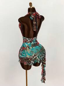 Amplova Vestido corto de mujer con estampado, cuello halter y espalda descubierta