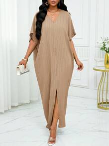 SHEIN Lady Váy midi dài tay xẻ tà bằng vải lanh dệt màu xanh lá cây giản dị mùa xuân và mùa hè Váy cỡ lớn Trang phục đi nghỉ Trang phục đi biển cho phụ nữ Trang phục đi biển cho phụ nữ Váy đi biển Váy dự tiệc cưới Váy công sở thường ngày cho phụ nữ Váy dạ hội - Màu Khaki - Xem 4