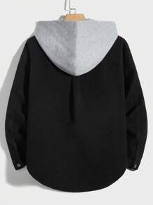 SHEIN 青少年男童时尚休闲复古Y2K老钱风灰色针织连帽拼接黑色牛仔宽松外套，适合儿童日常穿着，柔软舒适，也适合春夏、夏日、节日、海滩等场合，秋冬皆宜。