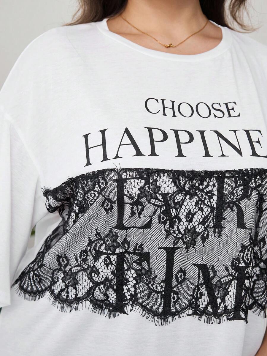 Lacomfia Biały kontrastowy panel, damska koszulka z krótkim rękawem w dużym rozmiarze - Biały - Zobacz 1