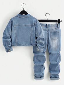 SHEIN 2 件装 Tween Boy 休闲破洞牛仔套装，纹理独特