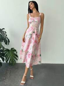 Firerie 浪漫花卉印花吊带连衣裙，腰部有褶，优雅适合情人节、音乐会、演出、约会、正式场合、婚礼、性感、时尚、工作、返校、度假、海滩