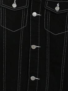 SHEIN 男童两件套时尚休闲复古Y2K清新舒适宽松黑色牛仔翻领长袖外套和一套舒适透气弹力紧身牛仔短裤，适合儿童日常穿着，也适合春夏派对、节日和海滩穿着。 - 黑色 - 查看 3