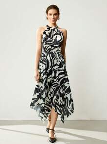 Uhlyne 女士夏季度假海滩休闲通勤工作圆领无袖褶边不对称白色条纹太阳裙中长连衣裙