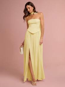 Enchnt 夏/秋浪漫女士奶油黄色褶皱下摆交叉后背抹胸公主长裙，配蝴蝶结 - 黃色 - 查看 5