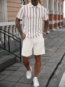 Manfinity Homme 2pcs Men's Polo Shirt & Drawstring Waist Loose Shorts Set - White - View 6