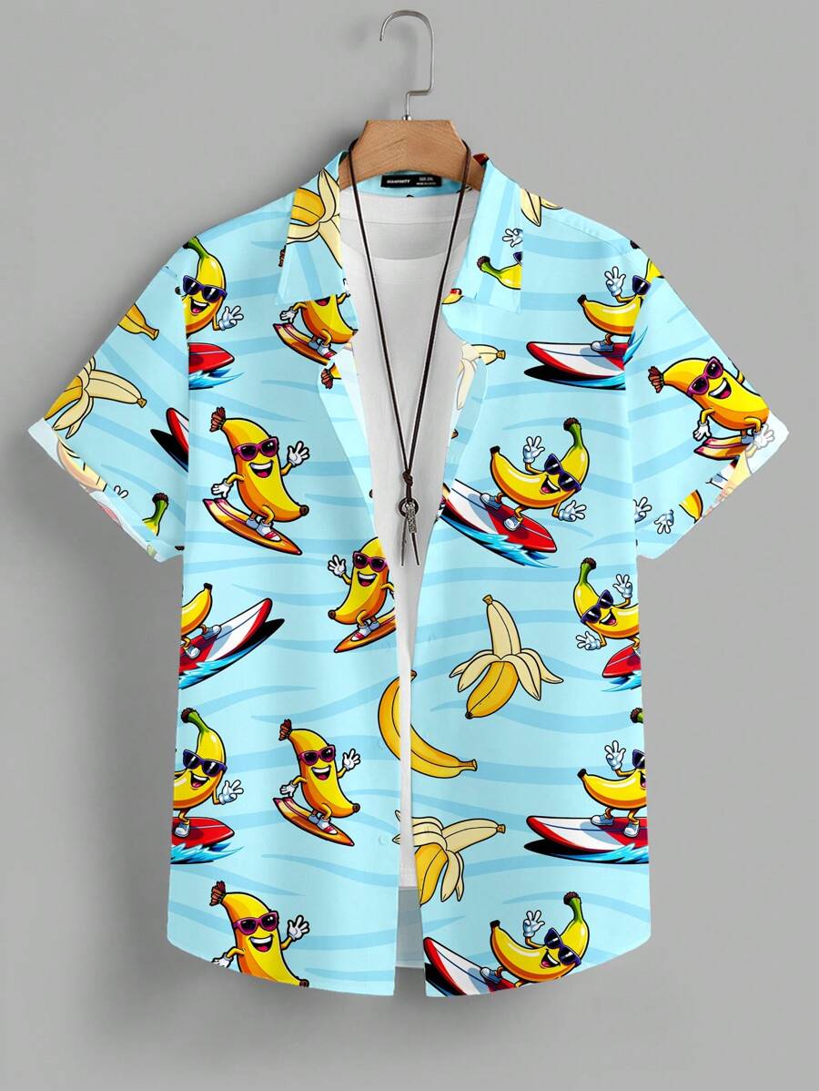 Manfinity Homme 热带海滩冲浪滑板太阳镜香蕉印花加大码男士休闲度假衬衫 - 彩色 - 查看 1
