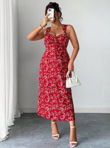 Elenzga Elegante vestito vintage con stampa floreale ditsy, taglie comode, scollo a cuore, vita con fiocco, spacco laterale sexy, disponibile in più colori