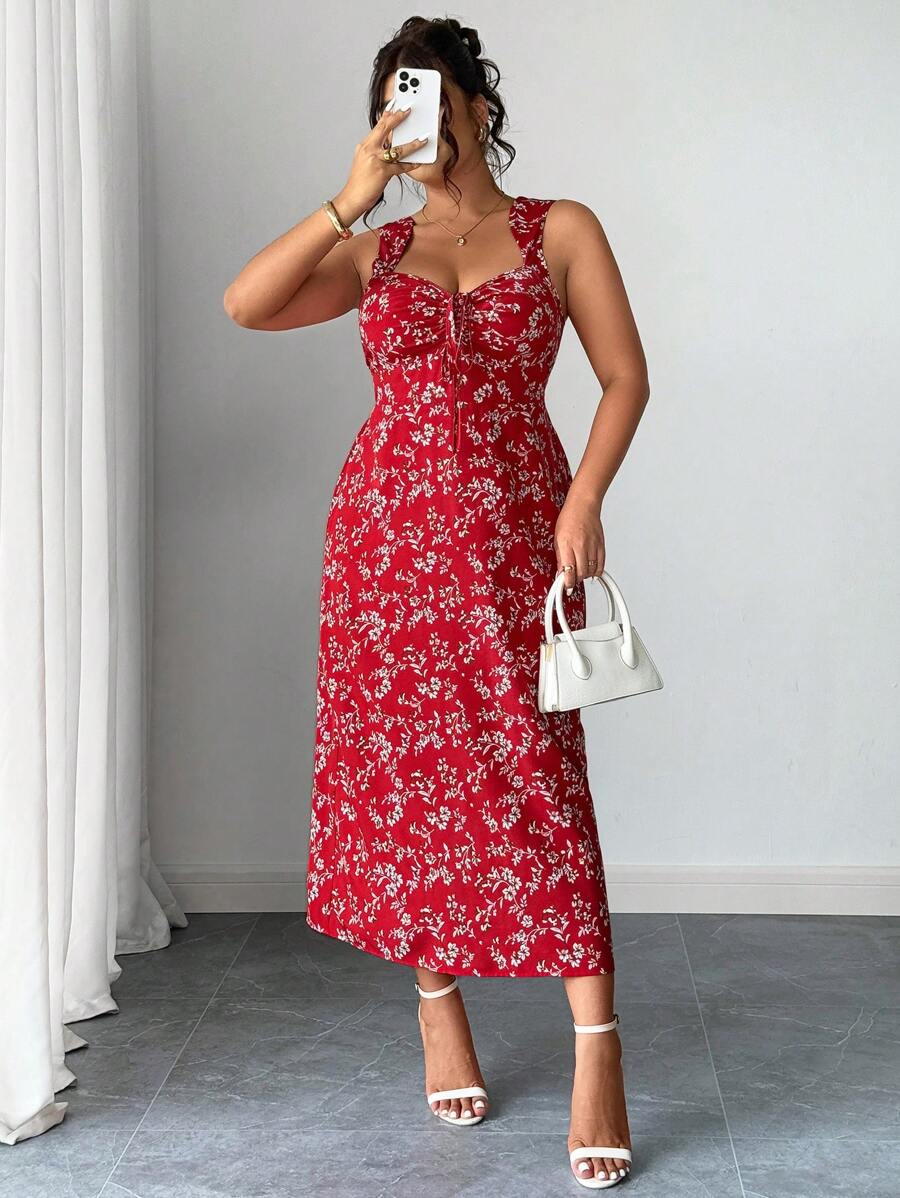 Elenzga Elegante vestito vintage con stampa floreale ditsy, taglie comode, scollo a cuore, vita con fiocco, spacco laterale sexy, disponibile in più colori