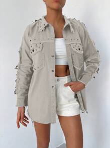 Cottnline Chaqueta De Mezclilla Para Mujer Con Tachuelas Y Borde Deshilachado - Blanco - Ver 5