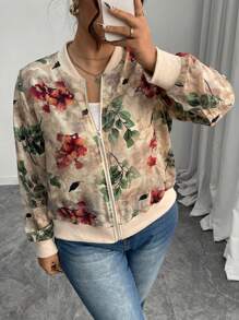 Elenzga Women's Plus Size Apricot Floral Bomber Jacket, Featuring A Casual Baseball Collar, Zipper Closure, And Long Sleeves In A Lightweight Woven Fabric, Perfect Short Outerwear. Fall Winter Cloth For Women Autumn - Apricot - View 3