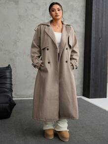 SHEIN EZwear 大码女式纯色插肩袖长袖双排扣秋季羊毛风衣 - 卡其色 - 查看 4