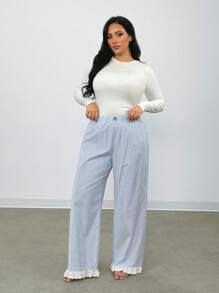 Firerie Damen Große Größen Frühling/ Sommer Lässig, elegante Urlaubskleidung für Zuhause Schleifen-Spitzen-Patchwork gestreifte Gerade Hosen vielseitig einsetzbar für Schulanfang/Abschlusszeit - Verschiedenfarbig - Übersicht 1