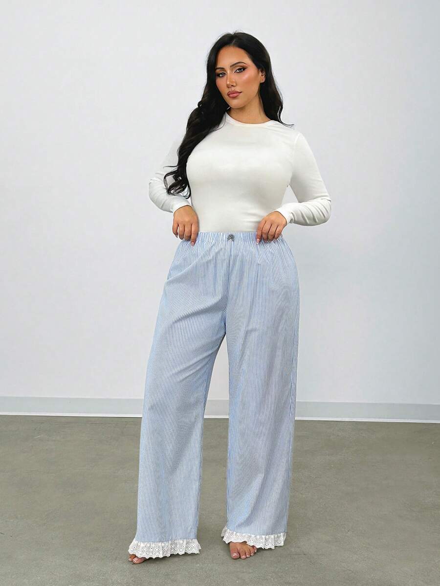Firerie Damen Große Größen Frühling/ Sommer Lässig, elegante Urlaubskleidung für Zuhause Schleifen-Spitzen-Patchwork gestreifte Gerade Hosen vielseitig einsetzbar für Schulanfang/Abschlusszeit - Verschiedenfarbig - Übersicht 1