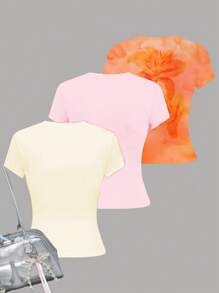 SHEIN 3 件套 Chill Vacation，Vacay Vibes 热带花卉芙蓉和鸡蛋花图案短款上衣，适合少女，休闲圆领短袖高腰夏季上衣，多巴胺配色方案：奶油黄、亮粉色、亮橙色 - 彩色 - 查看 2
