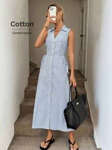 Easowa 女式夏季休闲无袖连衣裙，前开襟，海军蓝和白色条纹航海风格，适合休闲、度假、休闲通勤 - 藍白色 - 查看 4