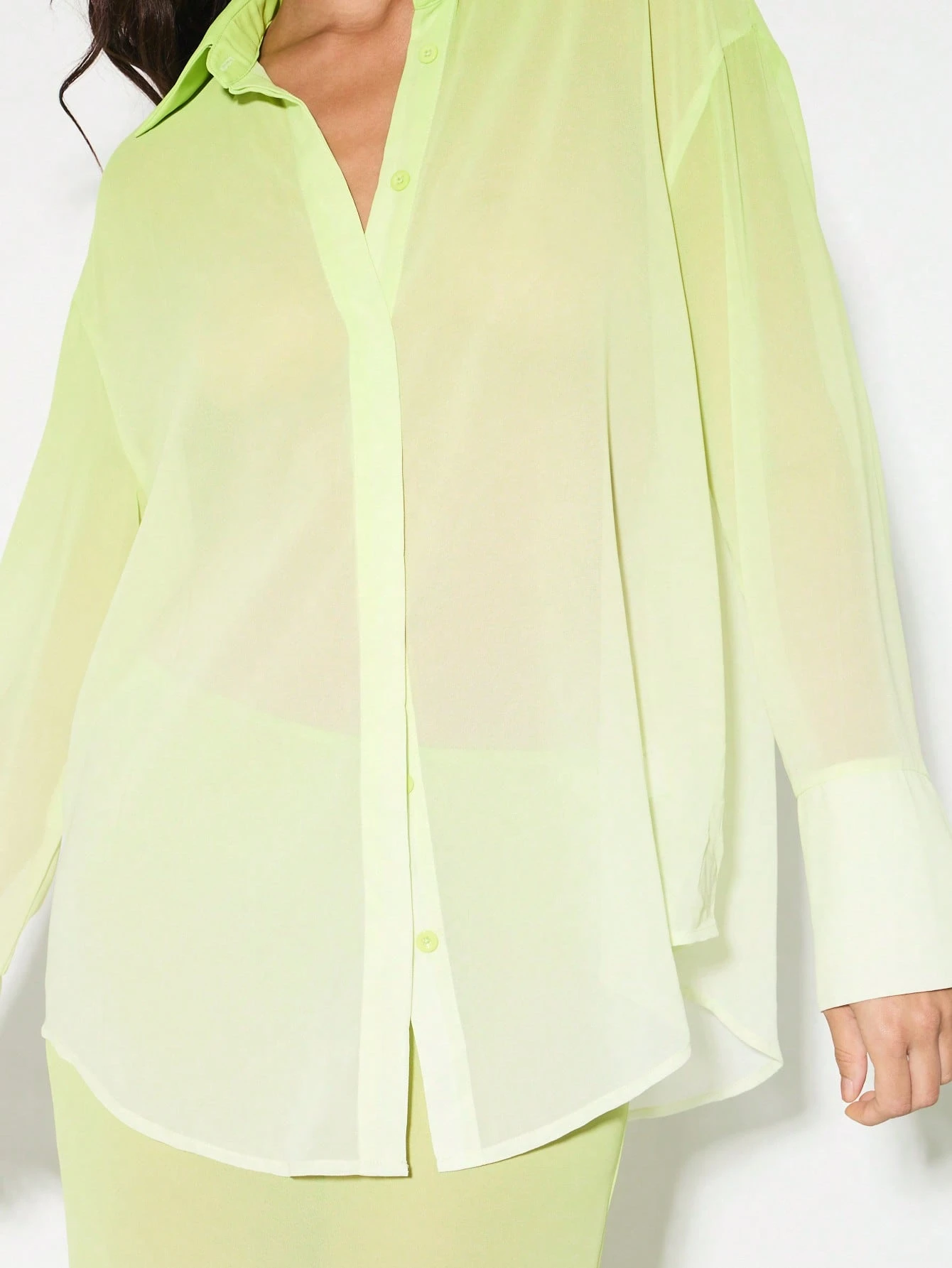 KIZN Lightweight Oversized Button Down Chiffon Sheer Long Sleeve Blouse